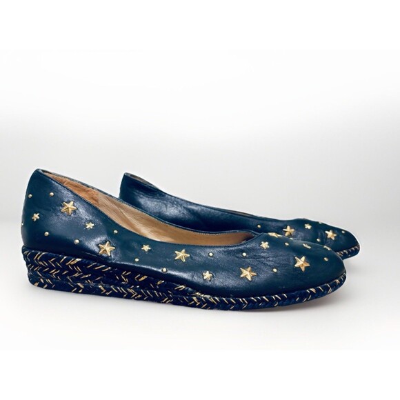 Vtg Stuart Weitzman Navy Blue wedge Embellished Gold Stars Sz 8 Nautical Coastal - Picture 1 of 9
